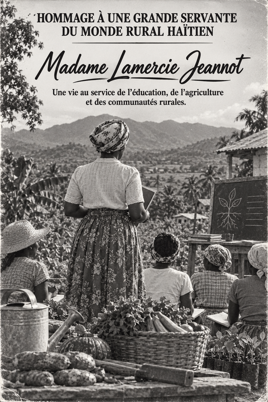 Affiche en noir et blanc rendant hommage à Madame Lamercie Jeannot, éducatrice et servante du monde rural haïtien